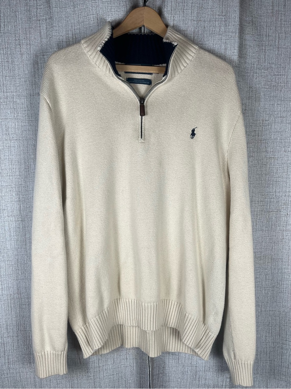 POLO RALPH LAUREN Sweater 1/4 Zip Cream Blue Stripe 100% Cotton Men's Sz XL EUC